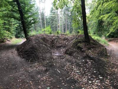 Diese Tpfe sollen das Wasser im Wald halten und versickern, so dass kein Oberflchenwasser ber die Wege in den Ort abluft.