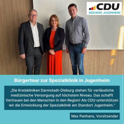 Die Vorstellung der Spezialklinik wurde von den Geschftsfhrern der Kreiskliniken Darmstadt-Dieburg, Frau Pelin Meyer und Herrn Christoph Dahmen mit einem hoch interessanten Vortrag  
vorgenommen. 
V.l.n.r: Christoph Dahmen, Pelin Meyer, Max Panhans
